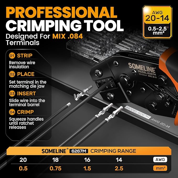 SOMELINE MLX .084" (2.13mm) Connector Crimping Tool Kit, 6.35mm Pitch Pin & Socket Housing (2-15 Pin), 20-14 AWG Terminals, Compatible with Molex MLX for Washer, Dryer, Refrigerator & HVAC Repair