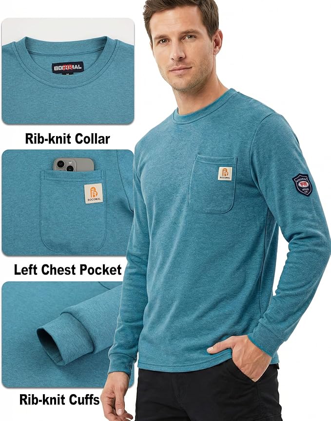 BOCOMAL FR Shirts Crewneck 7oz Midweight Flame Resistant Clothing NFPA2112 CAT2 Men's Fire Retardant Work Shirt