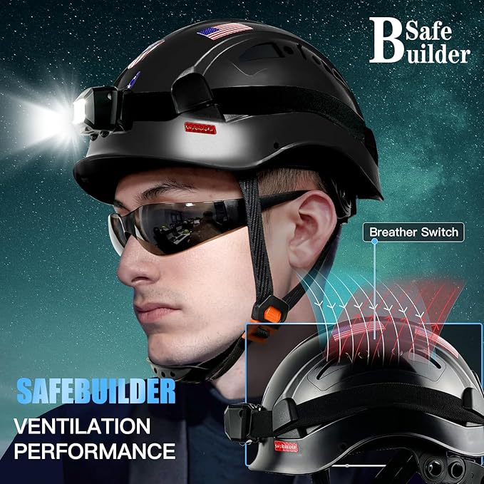 Construction Safety Helmet with Headlight Hard Hat Headlamp Adjustable Ventilation Hardhats Work Head Protection Certified ANSI/ISEA Z89.1