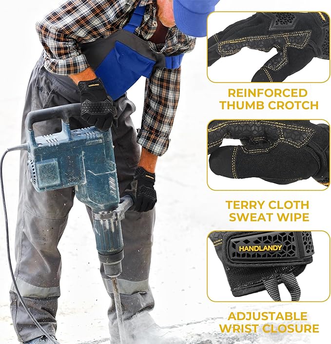 HANDLANDY Mens Work Gloves Touch screen, Utility Mechanic Gloves, Flexible Breathable Fit- Padded Knuckles & Palm