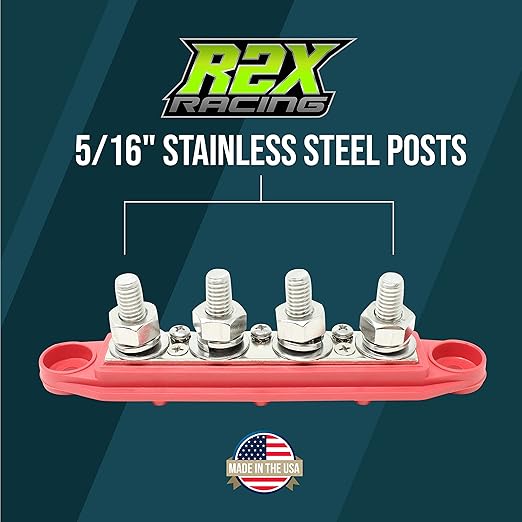 4 Post Power Distribution Block Bus Bar with Cover - Made in The USA - 250 Amp Rating - Marine, Automotive, and Solar Wiring (5/16" - Red)