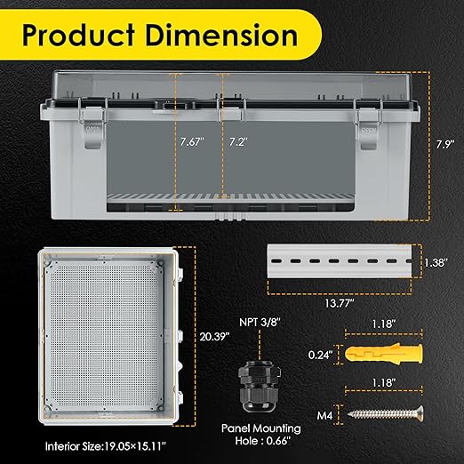 Waterproof Electrical Junction Box Outdoor, IP67 ABS Plastic Weatherproof Electrical Enclosure with Aluminum DIN Rail, Mounting Platem for WiFi Project, Clear (20.1''×16.1''×7.9'')