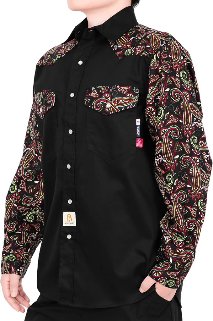BOCOMAL FR Shirts Pearl Snaps Two Tone Plaid/Solid Flame Resistant Cotton Welding Shirt NFPA 2112 CAT 2