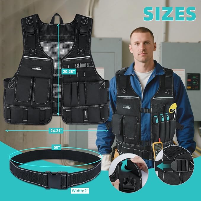 MELOTOUGH Tool Vest for Men with Pouches and Belt, Adjustable Multi-Pocket Safety Tool Vest for Electrician, Carpenter(Black)