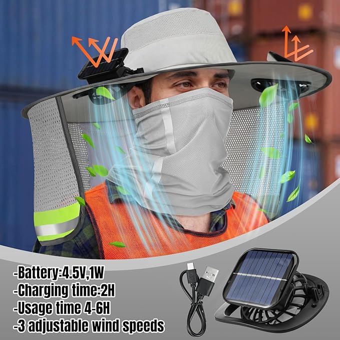 Solar Fan Hat for Men Women Sun Wide Brim Fishing Hat with Dual Power Ice Silk Neck Cover Reflective Design