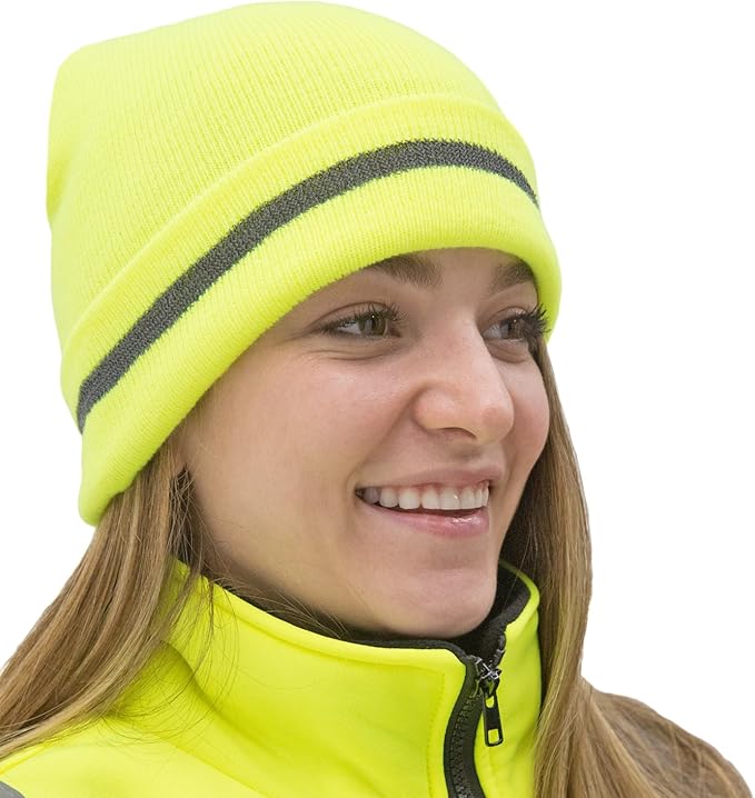 JORESTECH Safety Beanie Unisex Knit Cap Black with Reflective Stripe or Reflective Stitching High Visibility