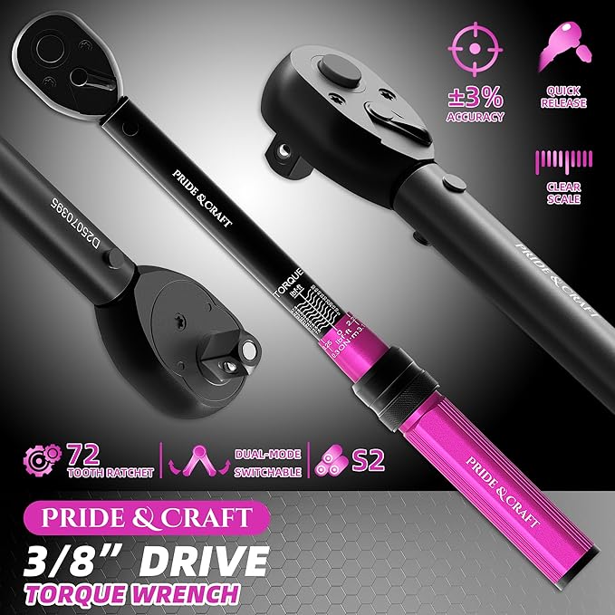 PRIDE&CRAFT 3/8 Inch Drive Click Torque Wrench, 3% High Precision Adjustable Dual Direction, 72-Tooth, 5-50 lbf.ft/6.8-68 Nm Torque Wrench for Bike, Motorcycle and Car Repair, Pink Black