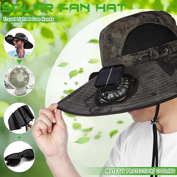 Berlune Men Sun Hat with 2 Solar Fans Wide Brim Outdoor Fishing Hat USB & Solar Powered for Sun Protection Camping Hiking