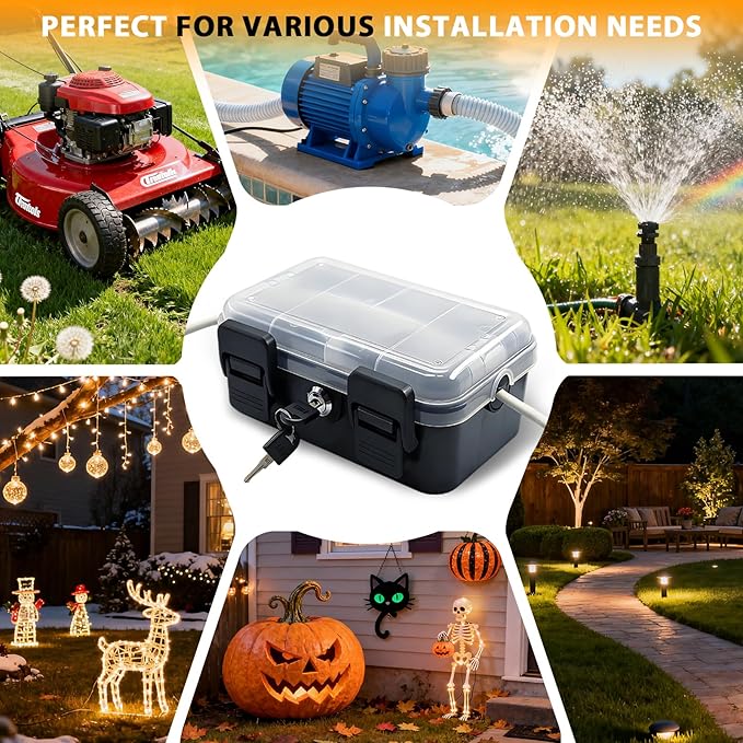 Outdoor Electrical Box with Lock (8.6x4 X2.6 in), Extension Wire Cover, Electrical Waterproof Box IP54,Weatherproof Junction Box for Power Outlets, Timers, Plugs, Holiday Lighting, Black