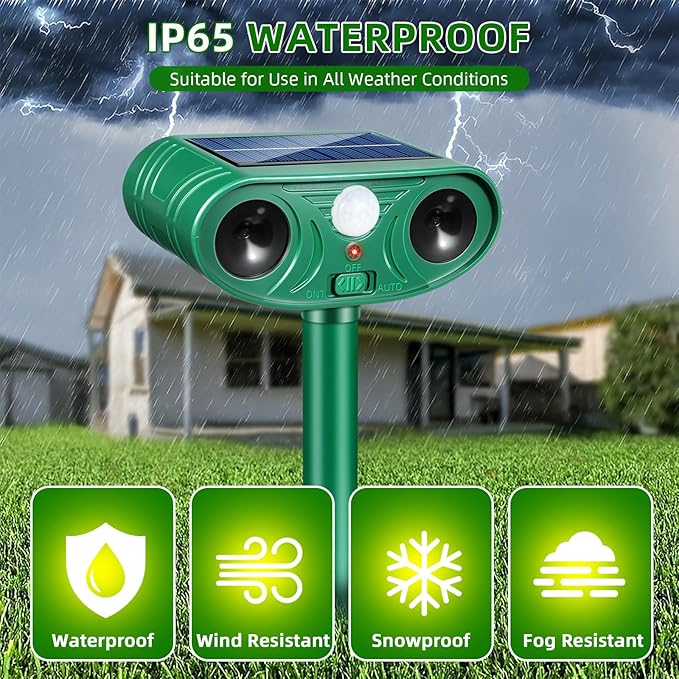 2026 Solar Animal Repellent Outdoor&Cat Repellent Outdoor with Motion Deer Repellent Devices Ultrasonic Cat Deterrent Fox Raccoon Squirrel Rabbit Coyote Deterrent for Farm Orchard Garden 2 Pack