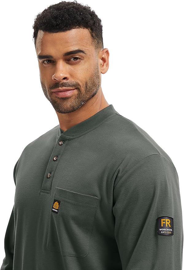 WORKWEYA 6.5oz Flame Resistant Henley Shirt 100% Cotton Lightweight FR Shirts for Men