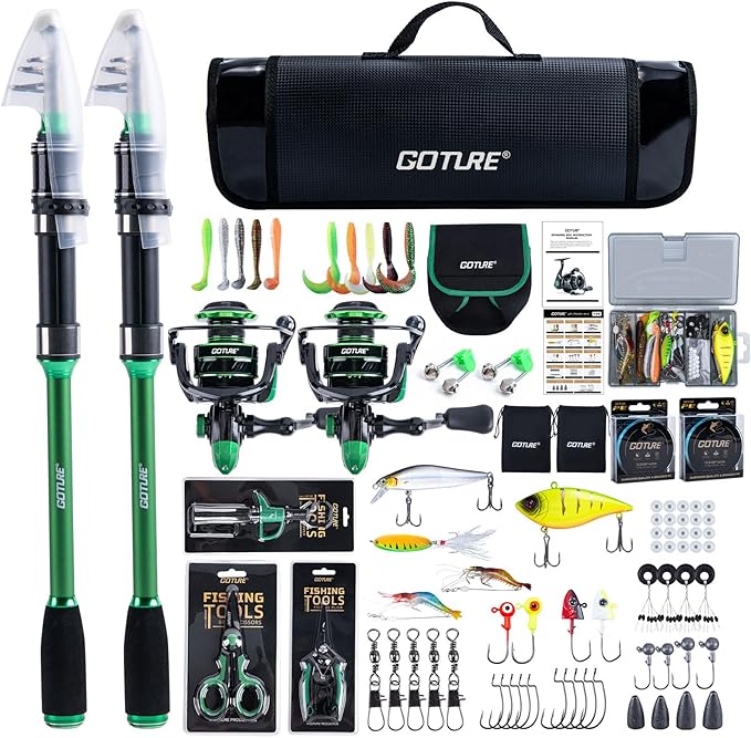 Goture Fishing Rod and Reel Combos-2PCS Telescopic Fishing Pole+2PCS Pre-Loaded Spinning Reels with Carrier Bag,1.8M-2.7M Telescopic Rod Reel Kit for Starter Travel Saltwater Freshwater,Gifts for Men