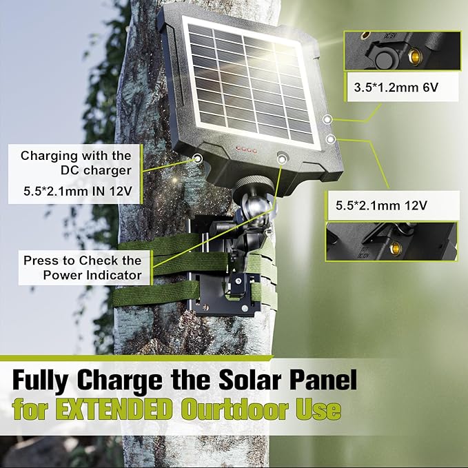 6V/12V Solar Panel for Trail Cameras, Deer Feeders & Outdoor Devices – 2000mAh Built-in Battery, IP66 Waterproof, with Mounting Bracket & Strap, Game Camera Solar Panel Charger
