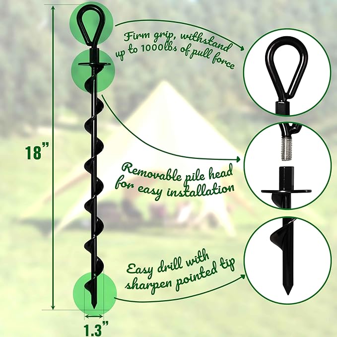 VASGOR 18" Ground Anchors (4pcs) Easy to Use with Drill, Heavy Duty Anchor Hook for Camping Tent, Canopies, Car Ports, Sheds, Swing Sets, Securing Animals – Black Powder Coated