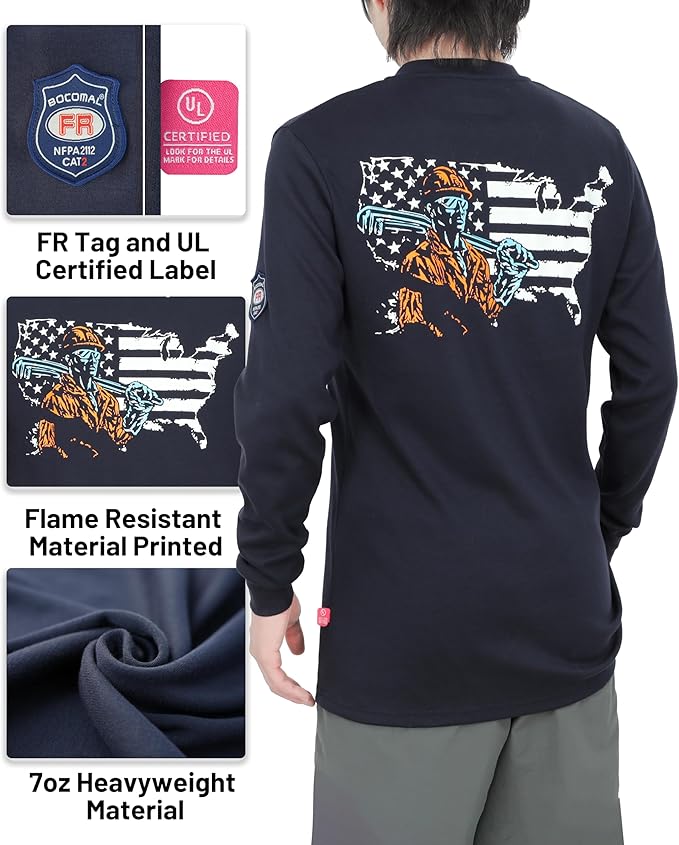 BOCOMAL FR Shirts Henley 7oz Midweight Fire Resistant Clothing NFPA2112 CAT2 Men's Flame Retardant Work Shirt