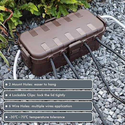 RESTMO Outdoor Electrical Box, IP54 Weatherproof Extension Cord Cover with 6 Cable Entry Ports, Waterproof Connection Box Protect Power Strip, Timer, Plug, Holiday Lights, (11.5x5.2x4 inch), Brown