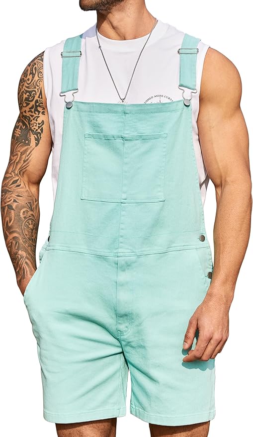 Bindefon Denim Overalls for Men Jean Shorts Jumpsuit Work Bibs Coveralls with Zipper