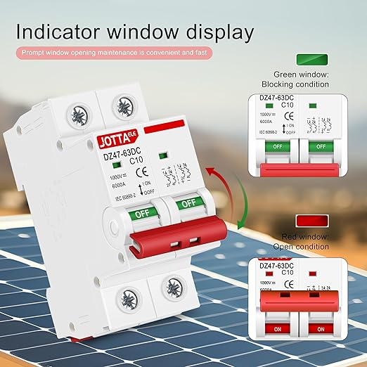JOTTAELE Solar Panels Disconnect Switch,Miniature DC Circuit Breaker 2 Pole 1000V 10 Amp Isolator for Solar PV System, Thermal Magnetic Trip, DIN Rail Mount (DC 2P 10A 2PCS)