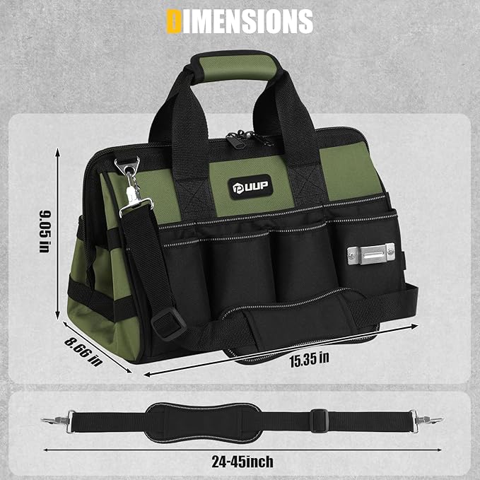 Heavy Duty Tool Bag 15-Inch, 16-Pocket Portable Empty Tool Box Organizer, Big Storage Toolbox Organization, Soft Handle Large Zipper Carrying Toolbag, Father Day Gifts for Him Dad Men, Green