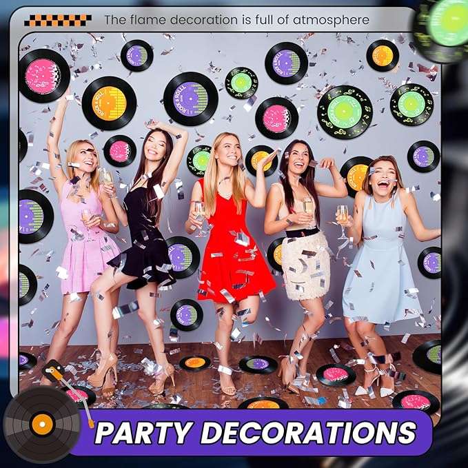 48 Pcs Vinyl Records for Stickers 3 Sizes Records wall Decor 50's Party Decorations Set Cutouts Retro Decals for Music Birthday 70/80/90s Party Artist Vintage Supplies with Adhesive Dots