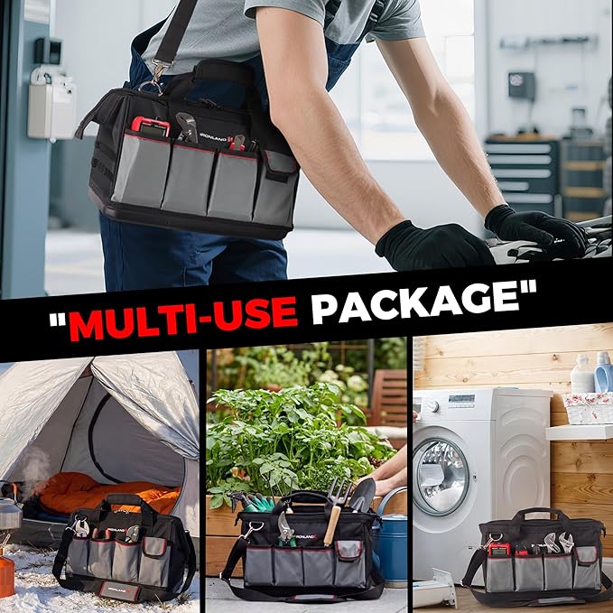 IRONLAND Hard & Sturdy Bottom Tool Bag Organizer 16.5 Inch for Men, Waterproof Heavy Duty Tool Bag with Soft Handle Large Zipper, Ideal for Mechanics Electrician Handyman Hvac, Great Gift for Dad