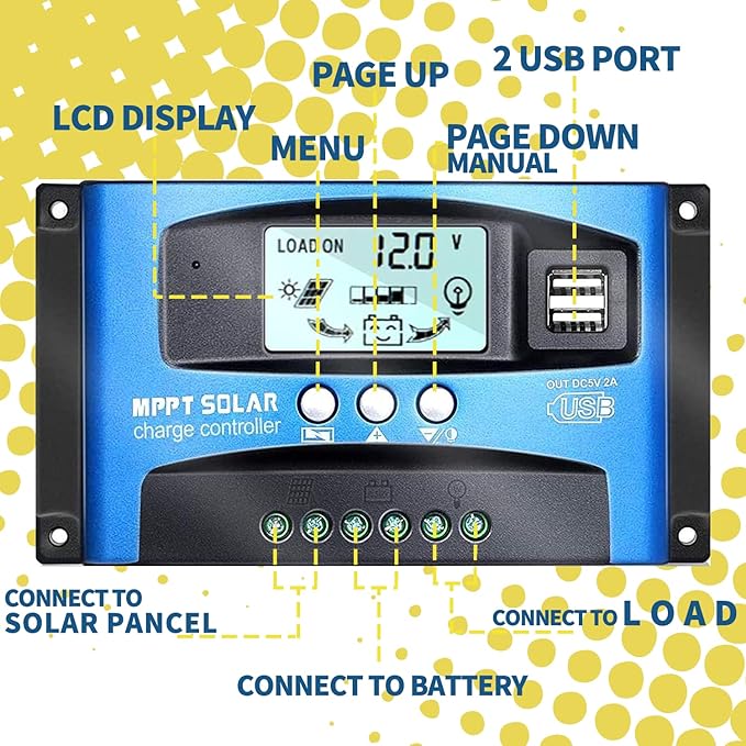 MPPT 100A 12V/24V Auto Focus Tracking Solar Panel Charge Controller Regulator with Dual USB Port,LCD Display, New Mppt Technical
