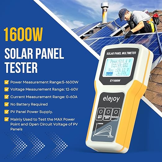 EY1600W Solar Panel Tester, Solar DC/AC Power Meter, Photovoltaic Panel Multimeter, Open Circuit Voltage Auto & Manual MPPT, Max. Power Point Voltage/Current, Backlit LCD Display