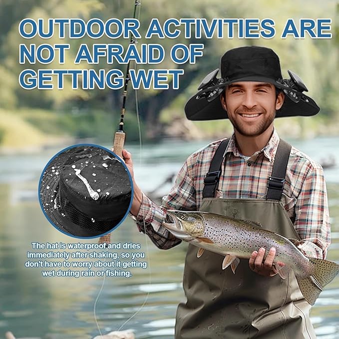 Wide Brim Solar Fan Outdoor Fishing Hat, 2 Solar Fan Hats for Men, Hat with Solar Fans Built in, Fishing Hat with Fan for Men