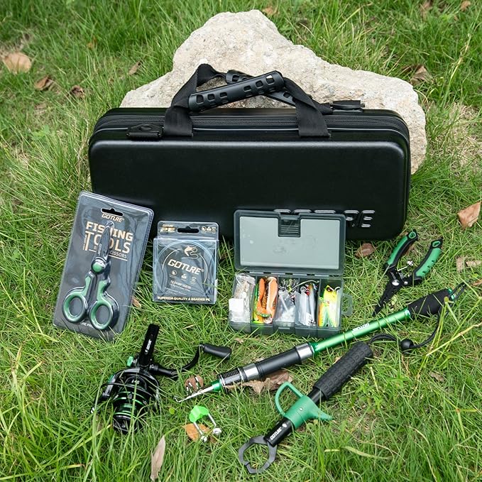 Goture Fishing Poles and Reels Combo - Green Telescoping Fishing Rod Portable Travel Kit with Carrier Bag for Freshwater Saltwater