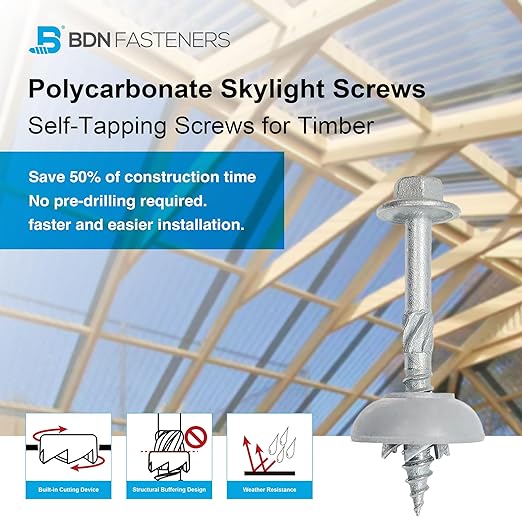 Polycarbonate Skylight Screws for Fixing to Wood - Hex Flange Head, Self-Tapping, #12×2"(12-11x50mm), 50pcs