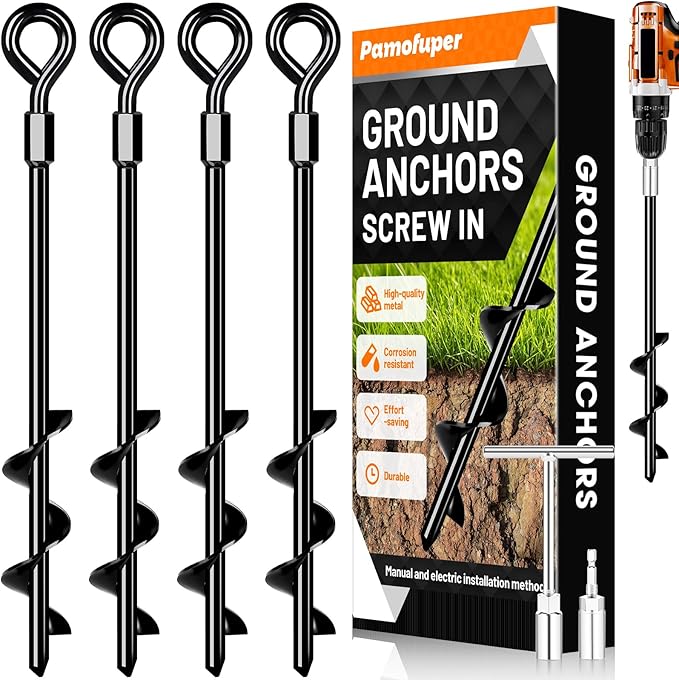 Ground Anchors Screw in Trampoline Anchors Heavy Duty Ground Anchors,Tent Stakes for Camping Tent, Trampoline, Canopies, Carports, Sheds, Swing Sets, Black Anti-Rust Coating for High Wind (4 X 14)
