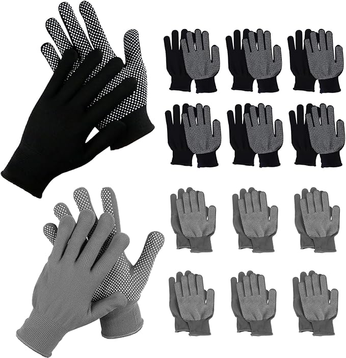 14 Pair Work Gloves With Anti-slip Grip Liners, Knitted Nylon Dot Grip Safety Gloves for Men & Women - Black/Grey