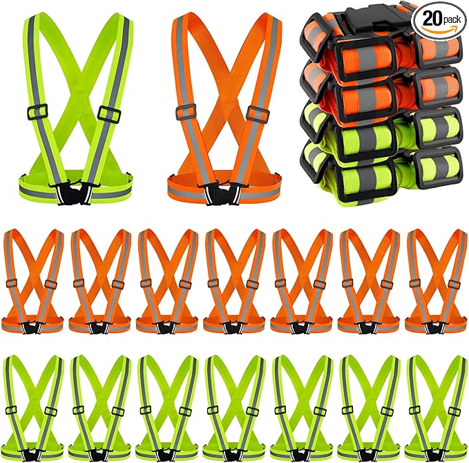 Hercicy 20 Pcs Reflective Vest High Visibility Safety Vests, Adjustable Running Gear Straps Lightweight Reflector for Construction (Green,Orange)