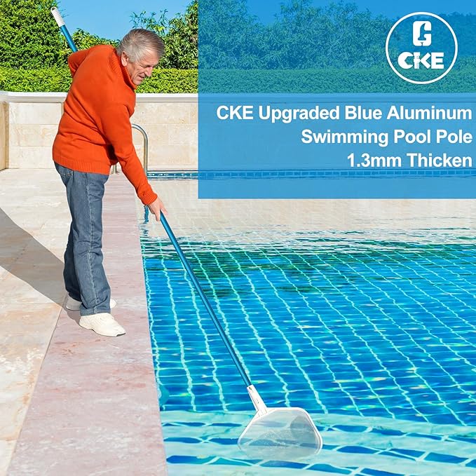 CKE Upgraded 12 Feet Thicken 1.3mm Blue Aluminum Telescoping Swimming Pool Pole,Adjustable 3 Piece Expandable Step-Up,Attach Connect Skimmer Nets,Rakes,Brushes,Vacuum Heads with Hoses, Universal 1.25"