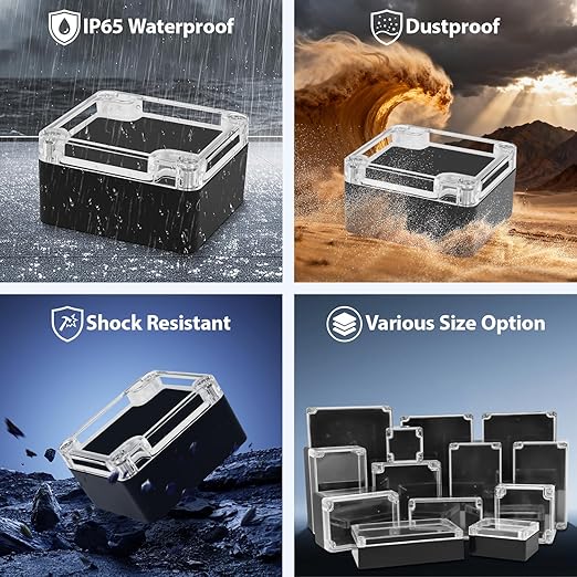 LeMotech Junction Box with Clear Cover IP65 Waterproof Project Box Dustproof ABS Plastic Electrical Project Boxes Universal Enclosure, Black 2.4"x 2.2"x 1.3"(63x58x35mm)(Pack of 2)