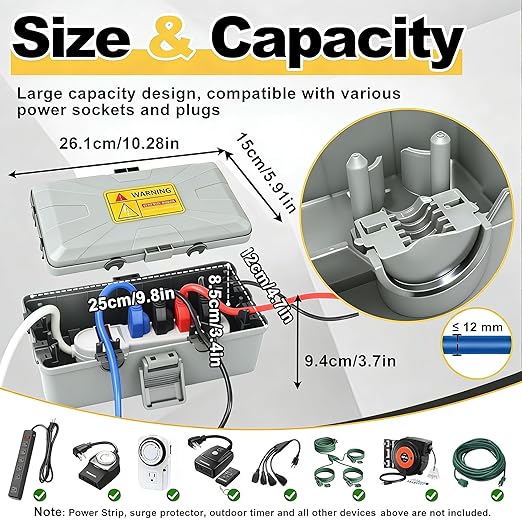 Medium Outdoor Electrical Box (10.3 x 5.9 x 3.7 in),IP54 Waterproof Extension Cord Connection Box with 6 Cable Entry Ports,Large Weatherproof Outlet Cover for Power Strip,Holiday Lights,Plug&Timer