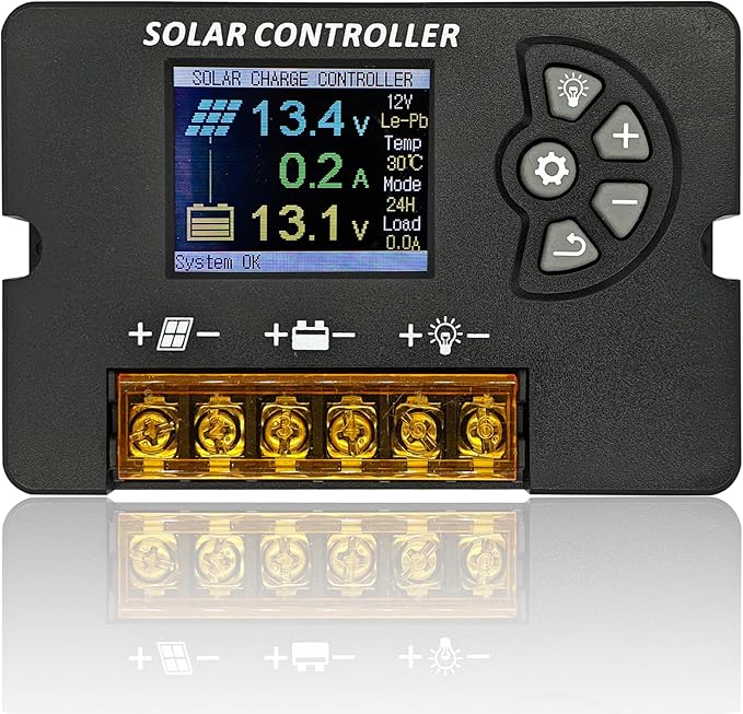 12V/24V Auto Solar Charge Controller 10A/20A/30A, PWM Adjustable Regulator, LCD Display, Multi-Battery Support, Efficient Panel Cell Charging - Solar Power System Accessory (20A)