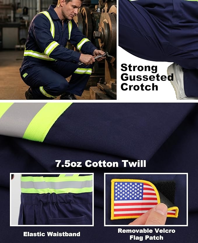 BOCOMAL FR Coveralls Men High Visibility 7.5oz Cotton Twill Flame Resistant Fire Retardant Work Coverall NFPA2112 HRC2
