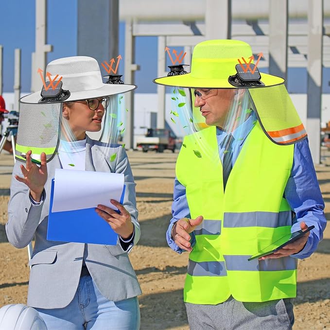 2 Pcs Sun Hat with Fan Solar&USB Powered for Men Women UPF 50+ UV Protection Wide Brim Safety Sun Hat for Out Work
