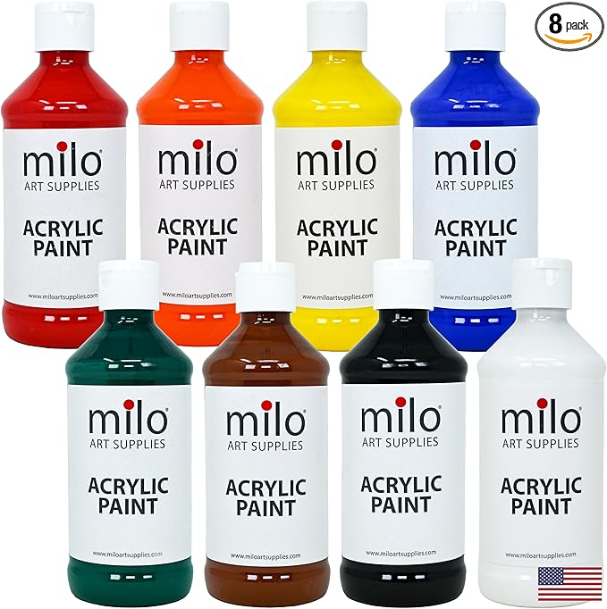 milo Acrylic Paint Set of 8 Colors | 8 oz Bottles | Student Primary Colors Acrylics Painting Pack | Made in the USA | Non-Toxic Art & Craft Paints for Artists, & Hobby Painters