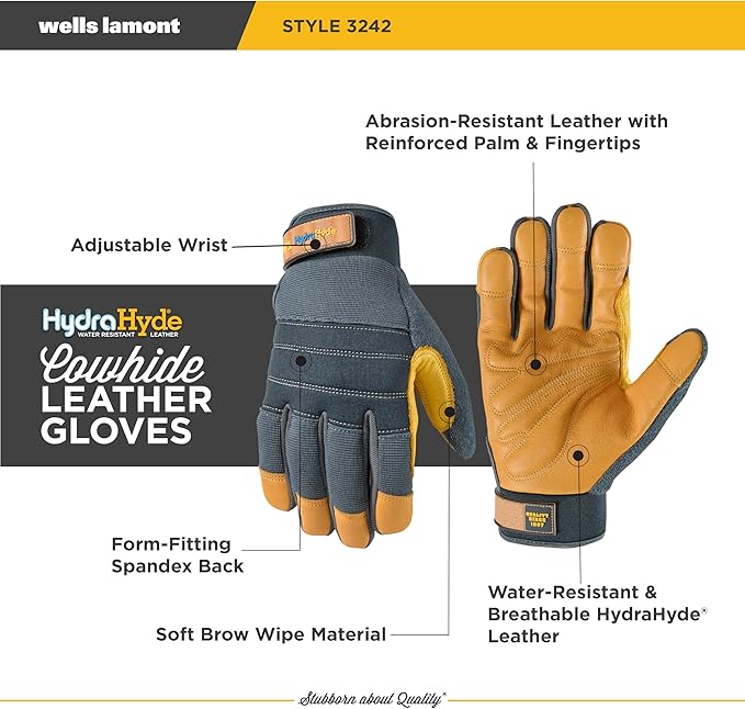 Wells Lamont Men's HydraHyde Work Gloves – Cowhide Leather, Reinforced Fingertips for Durability – Adjustable Velcro Wrist – Ideal for Gardening, Landscaping, Lawn Care – Navy - M