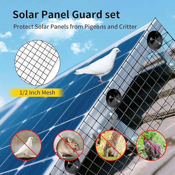 Solar Panel Bird Guard,6in X 100ft Critter Guard for Solar Panels,1/2inch mesh Black Coated Galvanized Rust-Resistant Net,roof Protection net Kit,with 80 Fastener Clips and Cutting Scissor