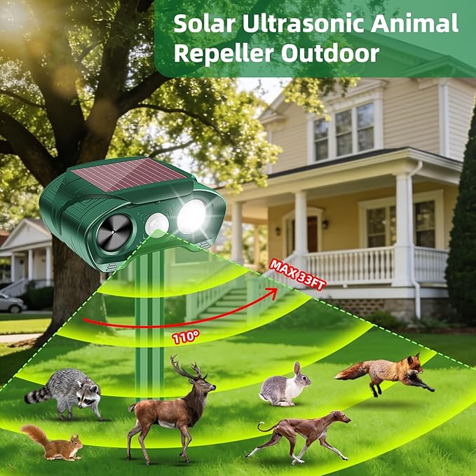 2 Pack Solar Ultrasonic Animal Repeller Outdoor Cat Deer Repellent Devices with Strobe Flashing Light - Keep Squirrels, Dogs, Raccoons,Rabbits,Skunks Away from Garden Yard Farm Animal Deterrent