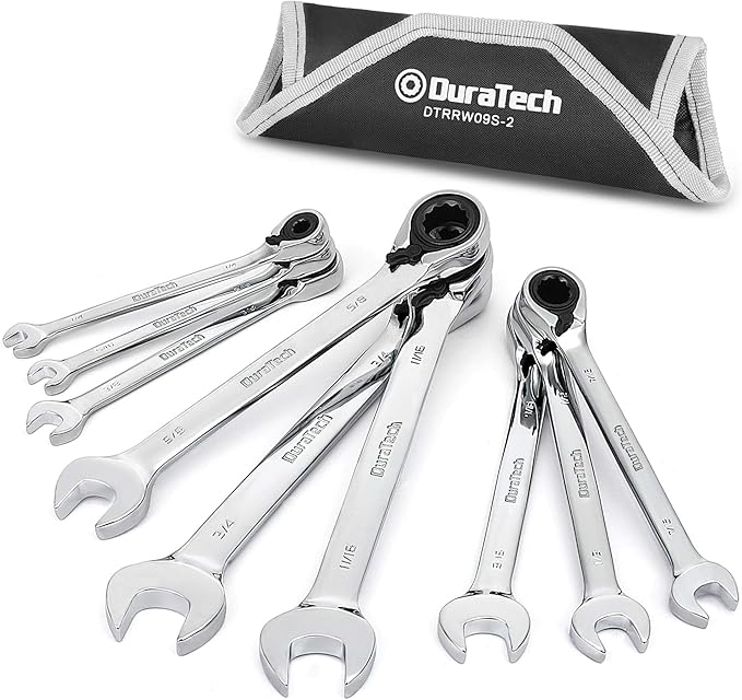 DURATECH Reversible Ratcheting Combination Wrench Set, SAE, 9-Piece, Open end Spanner with Rolling Pouch, 1/4'' to 3/4", 12 Point, CR-V Steel