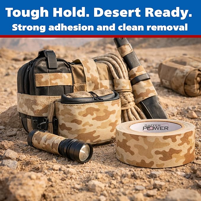 Gaffer Power Desert Tan Camo Gaffer Tape – Professional Grade, Made in USA, Non-Reflective Matte Cloth Tape, Heavy Duty, Easy Tear, Residue-Free – 2 Inch x 25 Yards