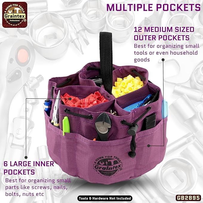 Graintex 18 Pockets Grab Bag Rip-stop Canvas Drawstring Closure, Small Part Organizer Pouch, Small Tools, Screws, Parts, Parachute Tool Bag for Efficient Storage - Purple
