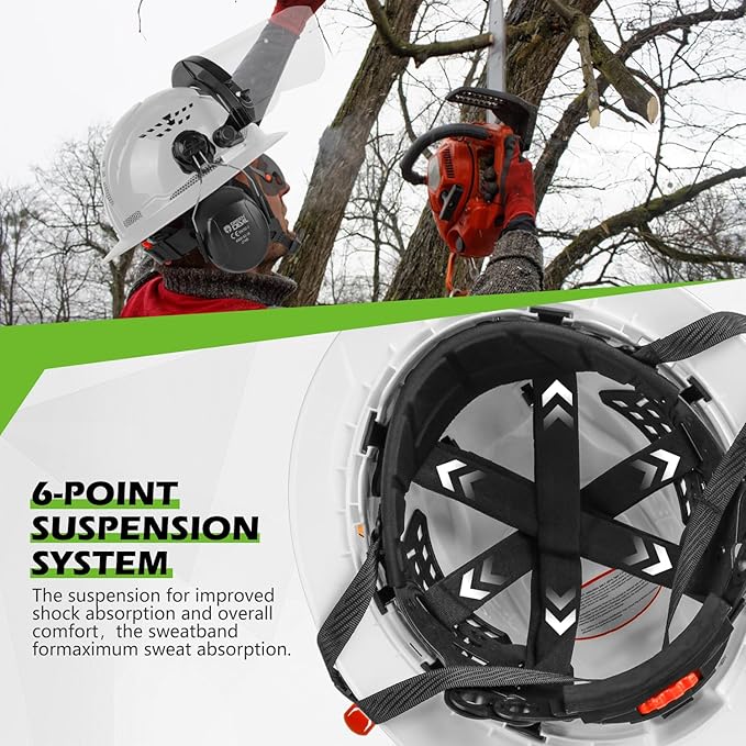 GREEN DEVIL Industrial Chainsaw Helmet with Face Shield Built in Visor and Ear Muffs 4 in 1 System ANSI Z89.1 Safety Hard Hat Adjustable Headgear Ideal for Forestry and Arborist Work Full Brim Style