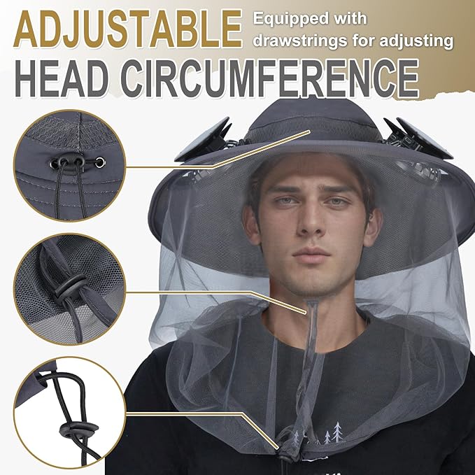 ayamaya Mosquito Net Hat with Fan Built-in, Wide Brim Solar Fan Hat with Netting, 3 Speeds Adjustable for Men Women Outdoor