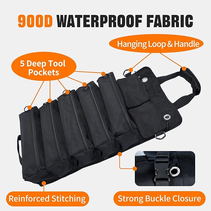 Portable Foldable Roll Up Tool Bag Organizer with 5 Compartments & 2 Detachable Pouches, Heavy Duty Waterproof Tool Pouch Bag for Secure Tool Storage, Tool Roll for Dad Men Electrician Mechanic Gifts