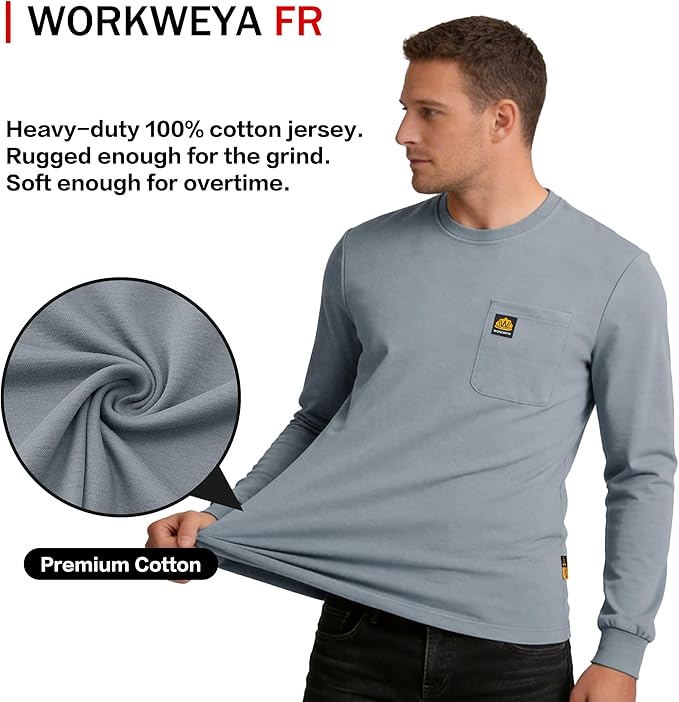 WORKWEYA Men's FR Shirts 6.5oz Lightweight Long Sleeve Flame Resistant T-Shirt NFPA 2112/CAT2